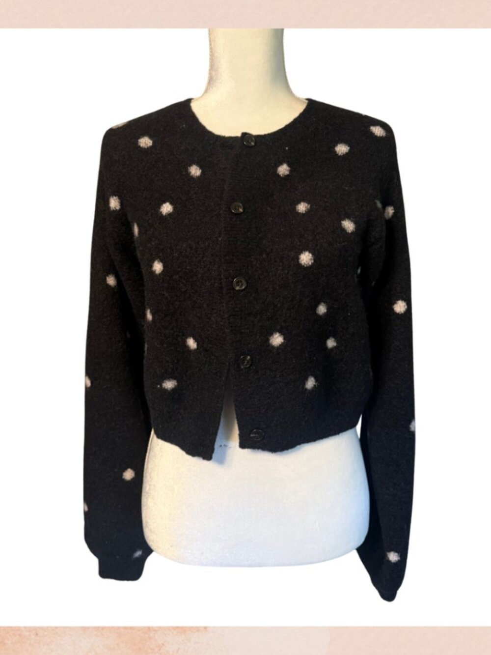 Isalis Black & White Polka Dot Cropped Bishop Sleeve Cardigan Sweater